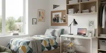 Modern college dorm room setup with essential items and stylish decor for 2026.