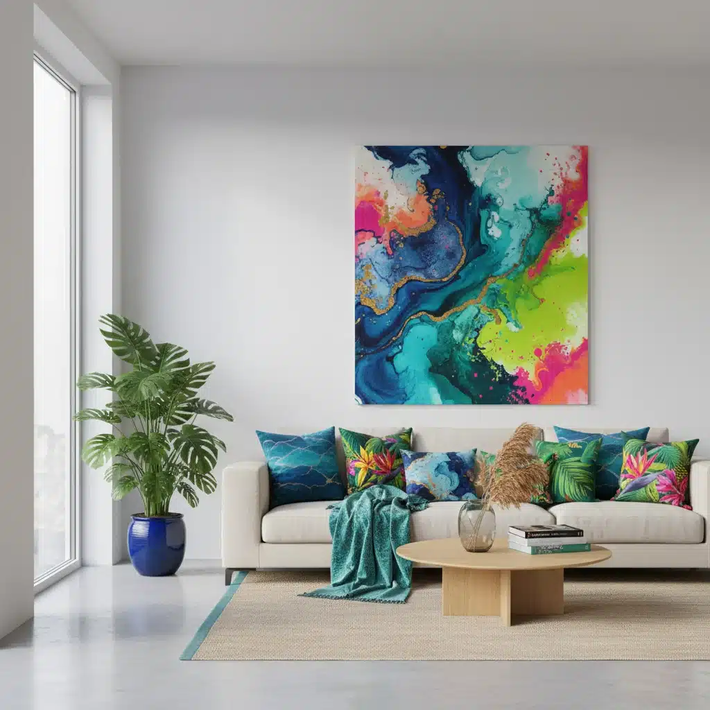 Modern living room interior with oceanic and vibrant tropical accents