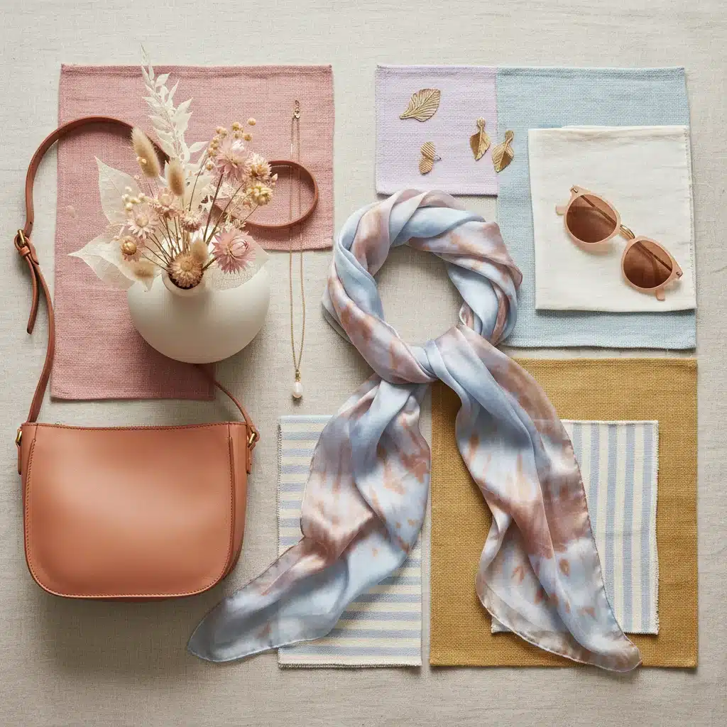 Flat lay of accessories and textiles in ethereal pastels and sun-kissed earth tones