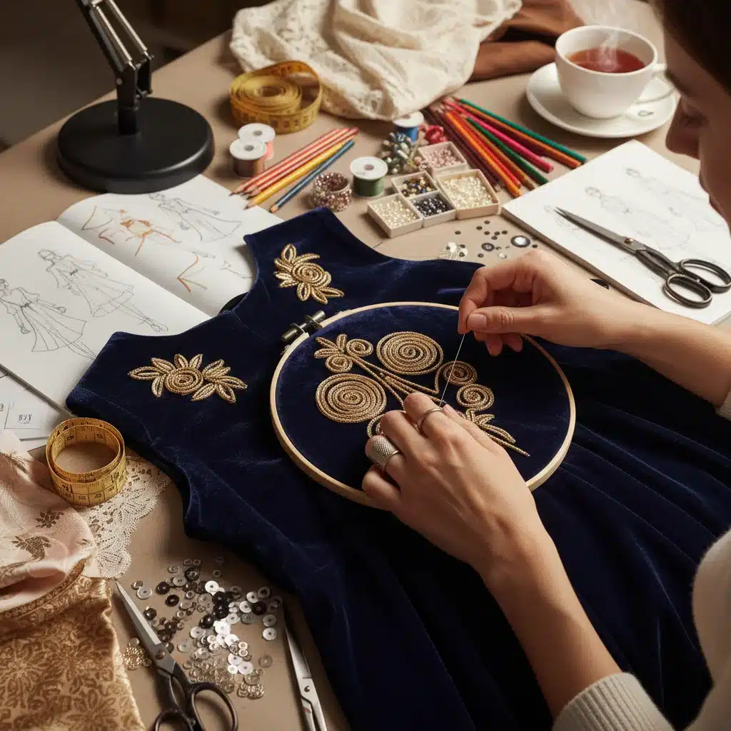 Close-up of hands sewing intricate details on a garment, showcasing the craft of fashion design.