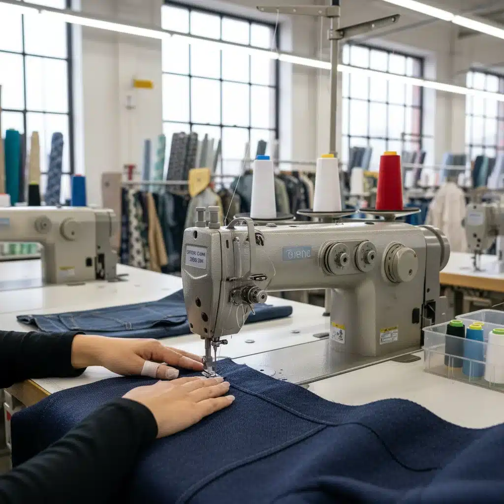 Skilled artisan sewing a garment in a US textile factory with high precision