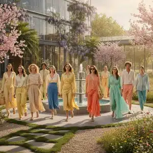 Models displaying diverse outfits in Spring Summer 2026 color palettes