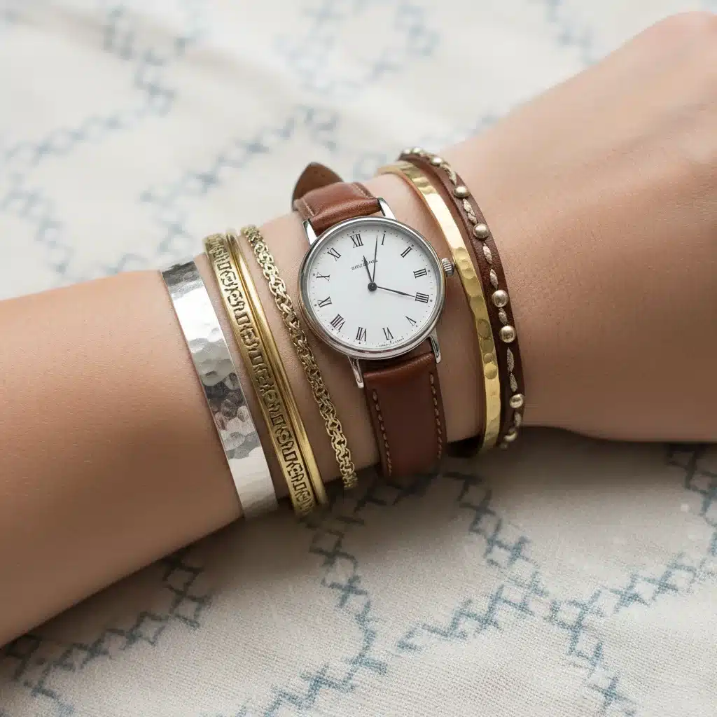 Stacked bracelets and watch on a wrist for a chic look