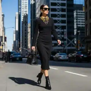 Woman in black dress elevated by statement accessories
