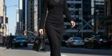 Woman in black dress elevated by statement accessories