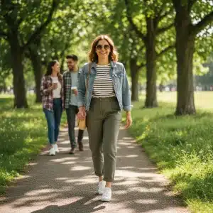 Woman in stylish, comfortable weekend outfit in a park