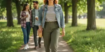 Woman in stylish, comfortable weekend outfit in a park