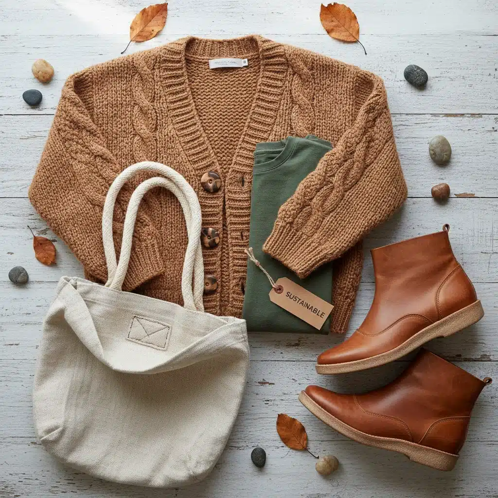 Sustainable fall fashion 2026 flat lay with eco-friendly clothing and accessories.
