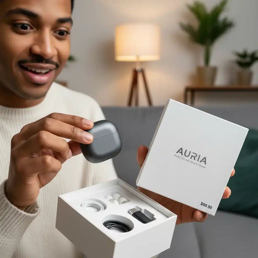 Person excitedly unboxing a modern tech gadget, a perfect holiday gift under 0.
